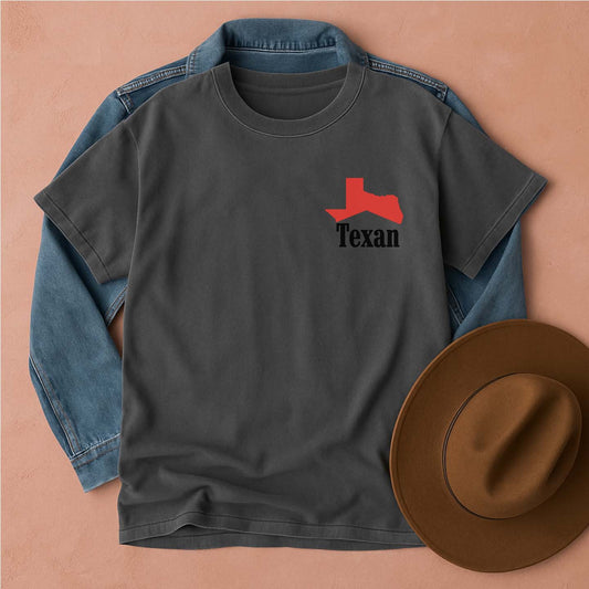 Gray t-shirt with red and black Texan graphic, blue denim jacket, and brown, front view