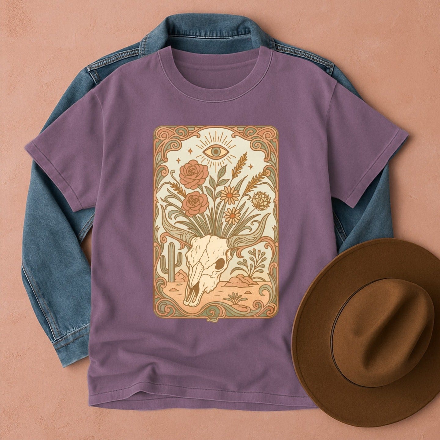 Cow Skull Art Nouveau T-Shirt Berry / S Western shirt