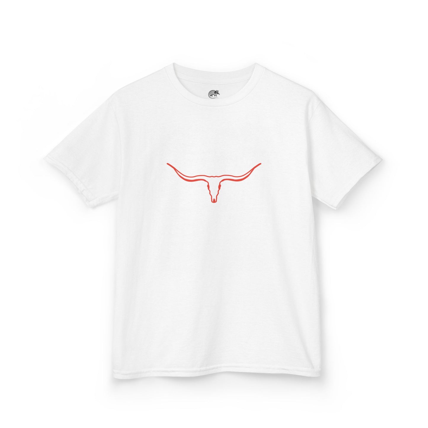 White t-shirt with a red longhorn design on a white background
