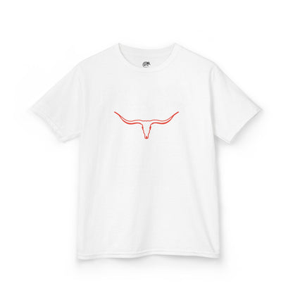 White t-shirt with a red longhorn design on a white background