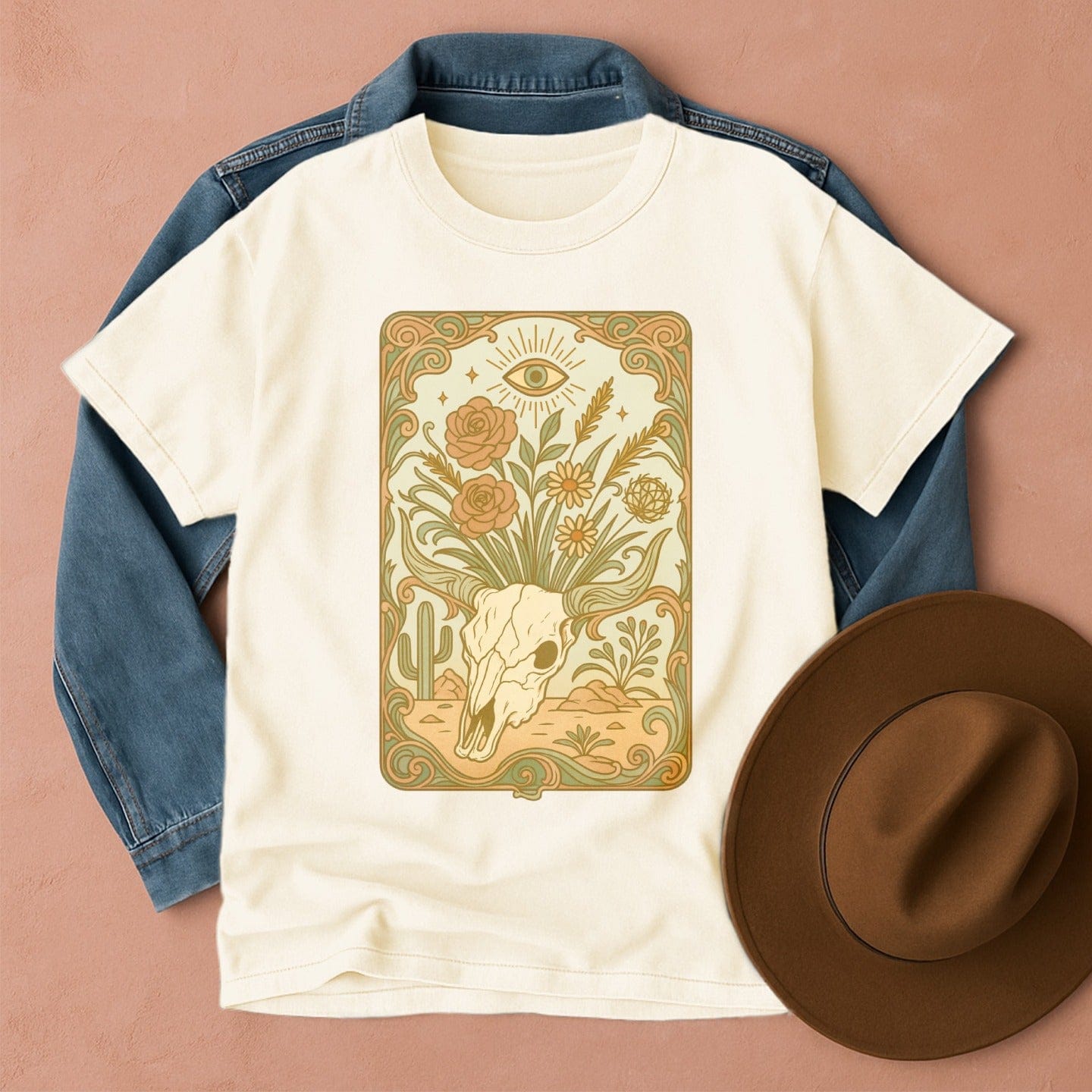 Cow Skull Art Nouveau T-Shirt Ivory / S Western shirt