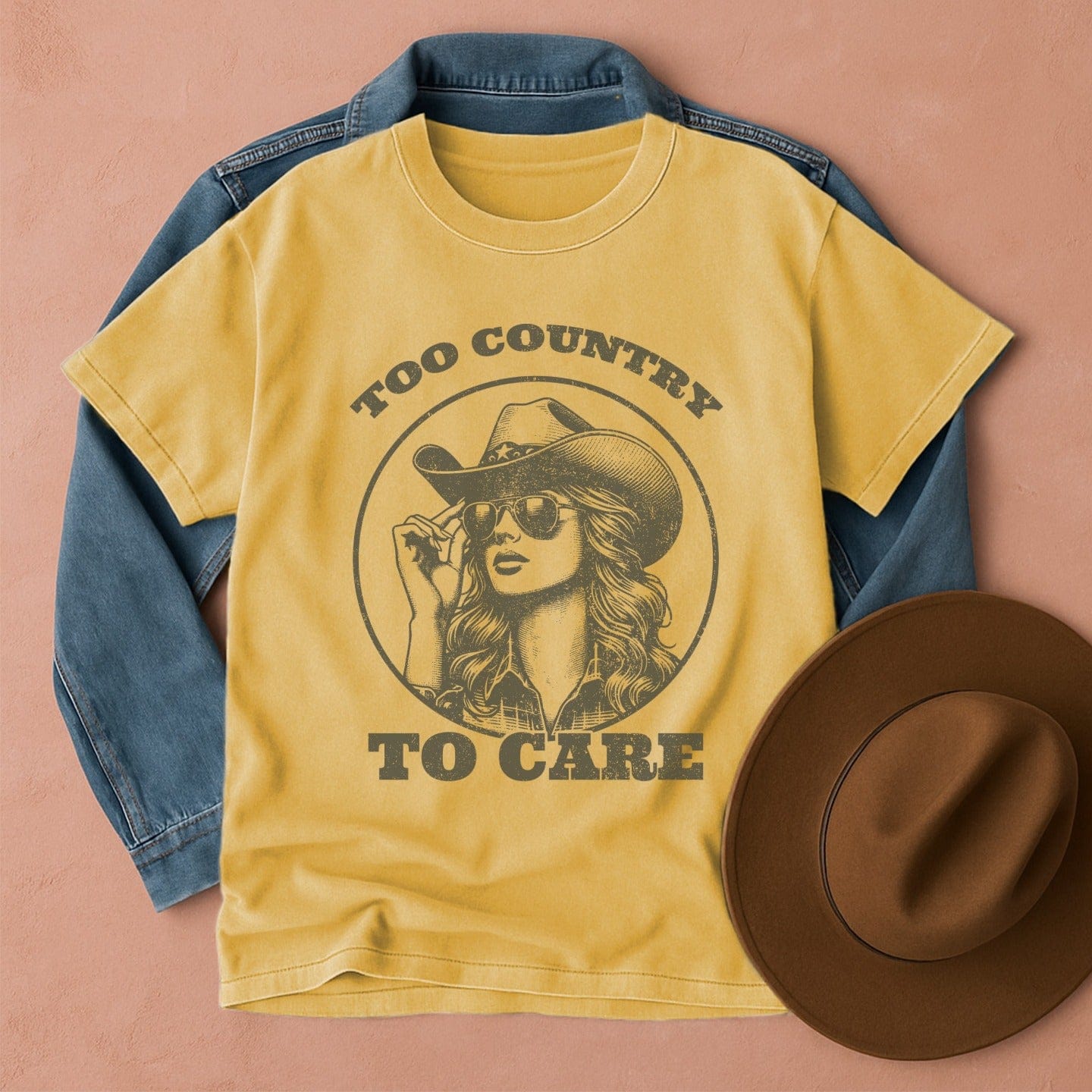 Too Country to Care T-Shirt Mustard / S Western shirt