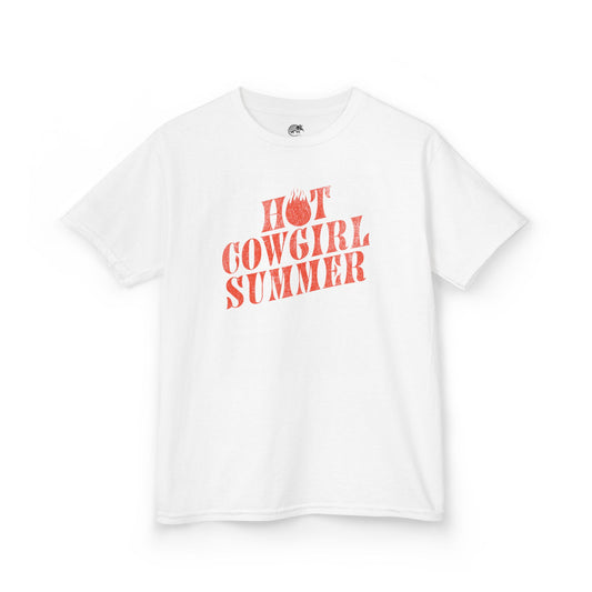 White t-shirt with red text 'HOT COWGIRL SUMMER' on a white background