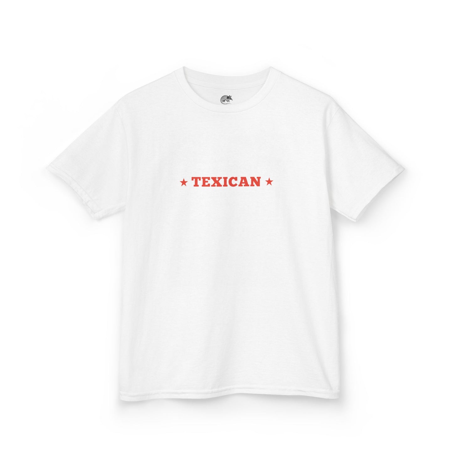 White t-shirt with 'TEXICAN' text in red on a white background