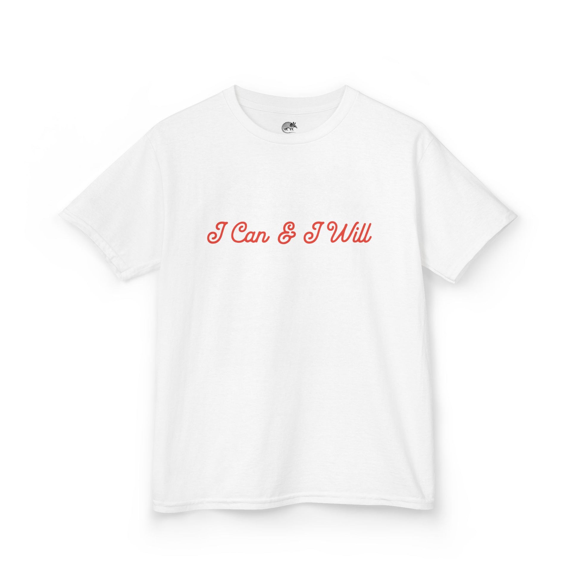 White t-shirt with 'I Can & I Will' text in red on a white background