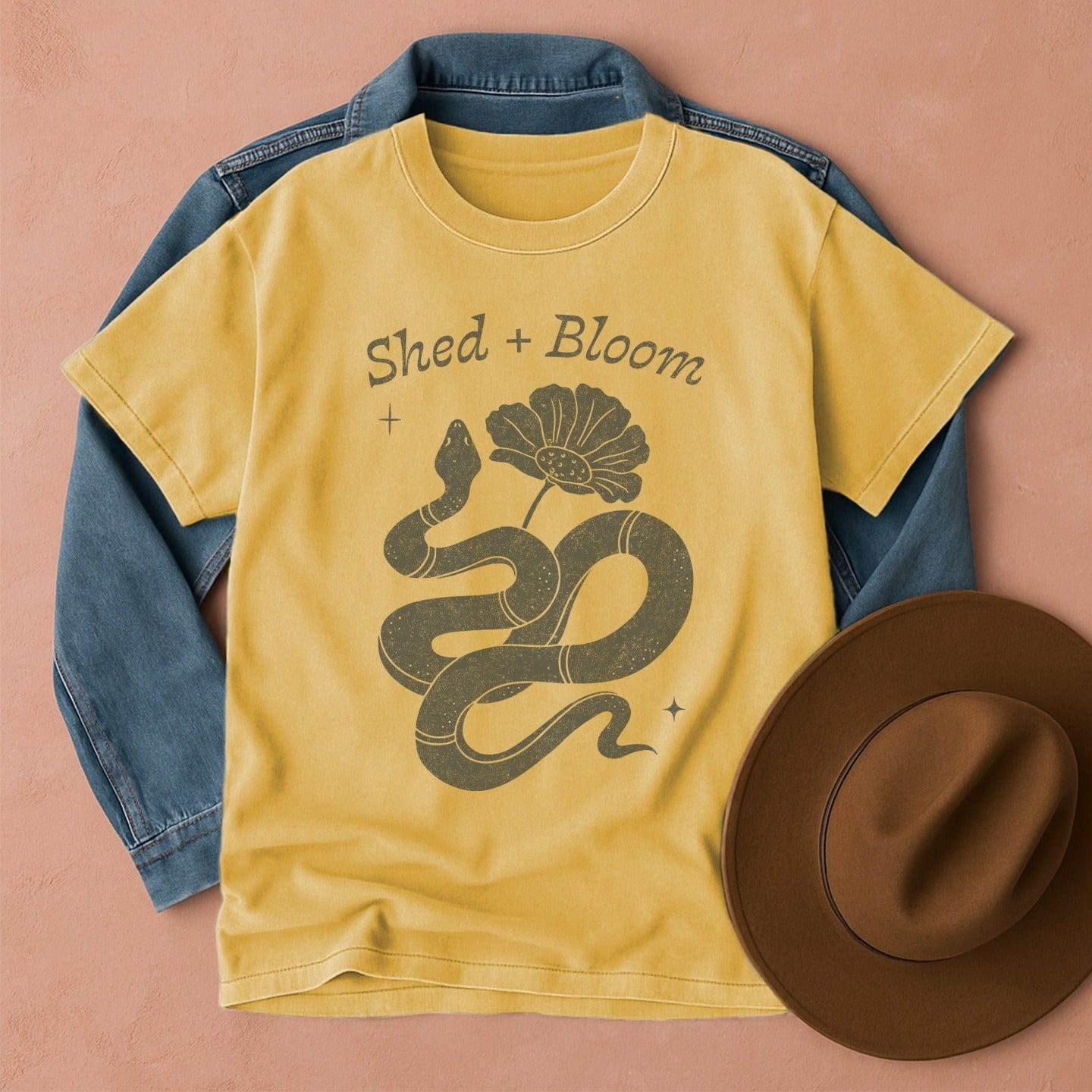 Shed + Bloom Snake Boho Western T-Shirt Mustard / S Western shirt