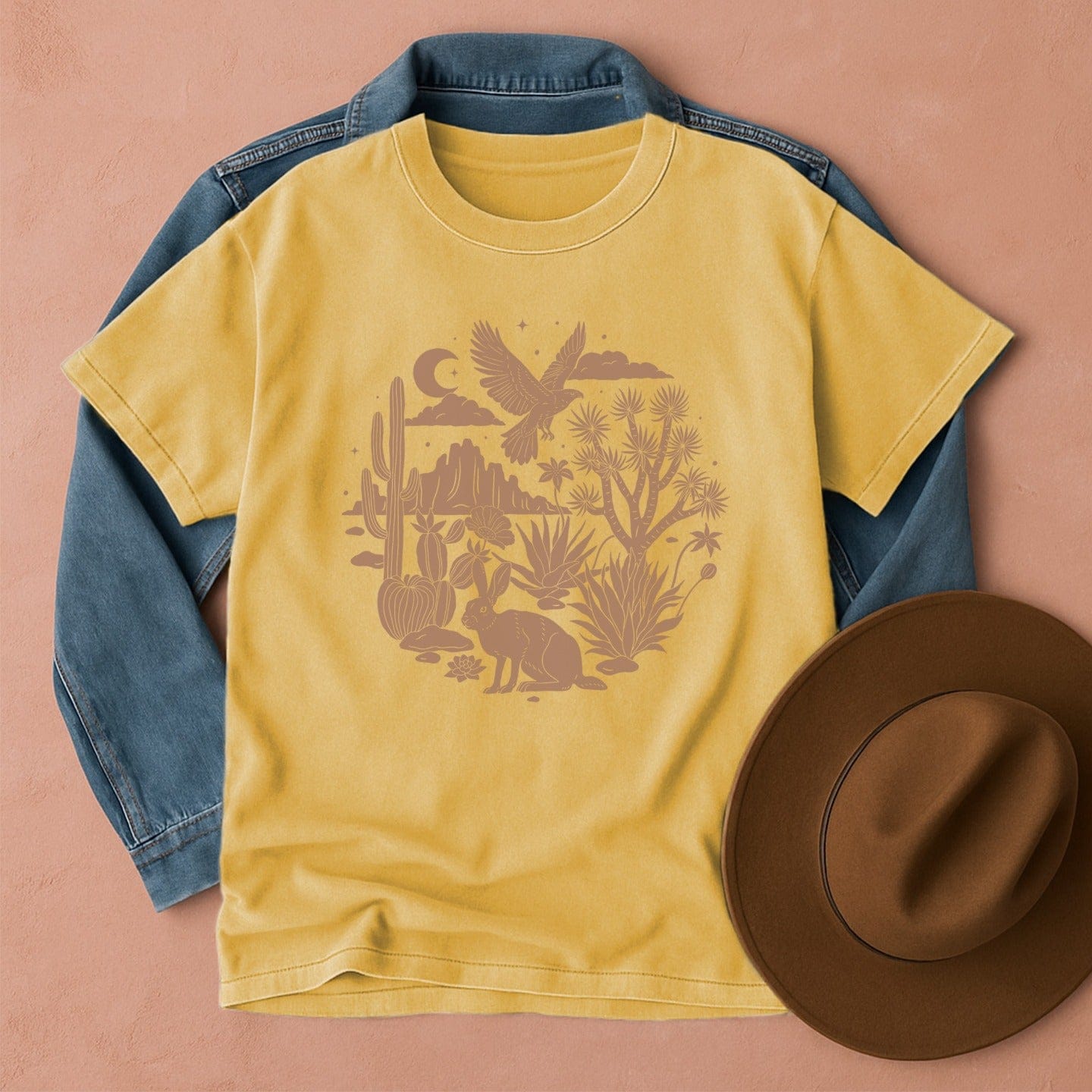 Desert Wildlife Boho T-Shirt Mustard / S Western shirt