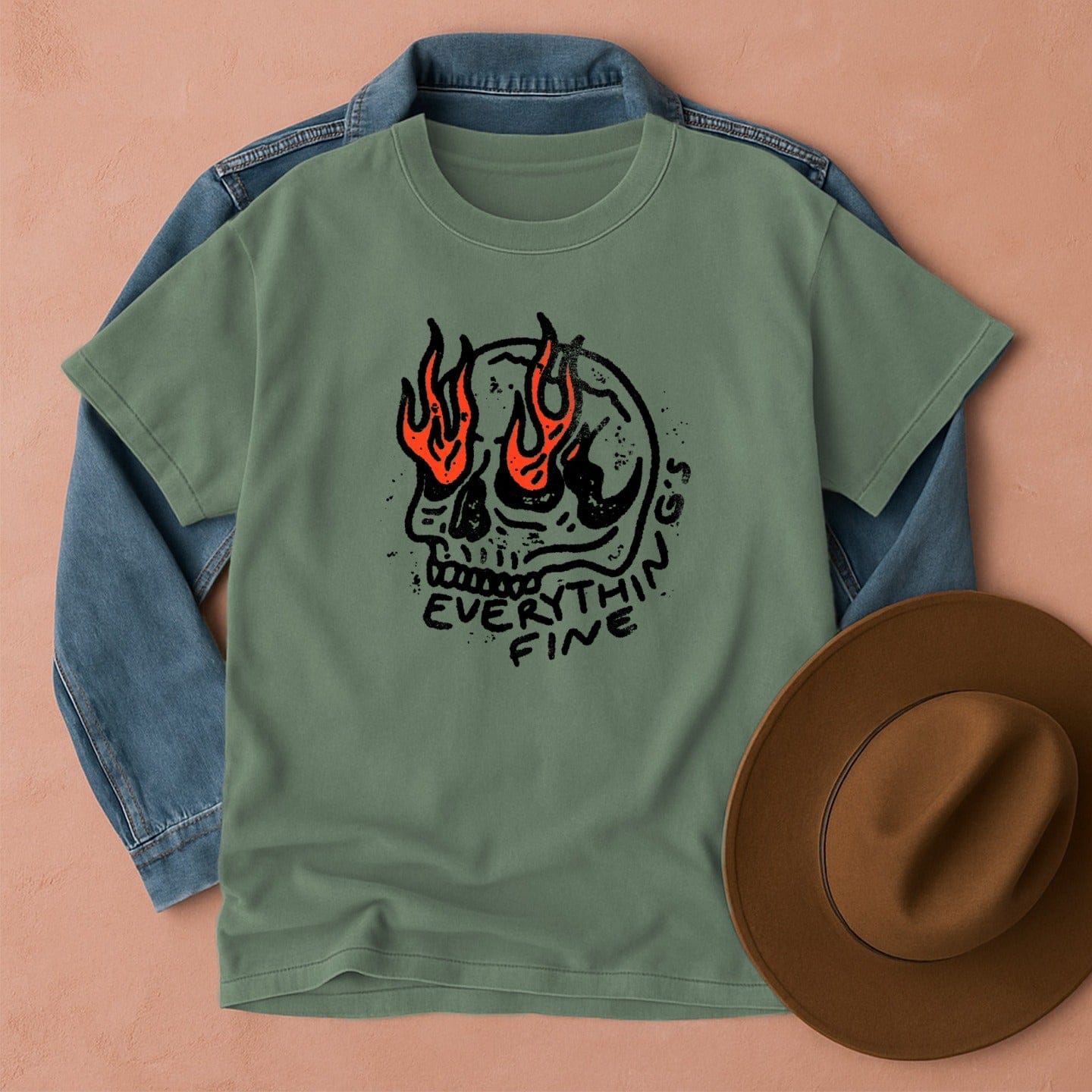 Everything's Fine Funny Skull T-Shirt Light Green / S Western shirt