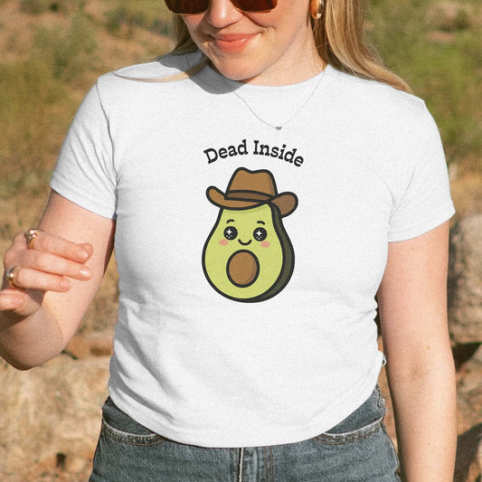 Person wearing a white t-shirt with an avocado wearing a cowboy hat and 'Dead Inside' text.