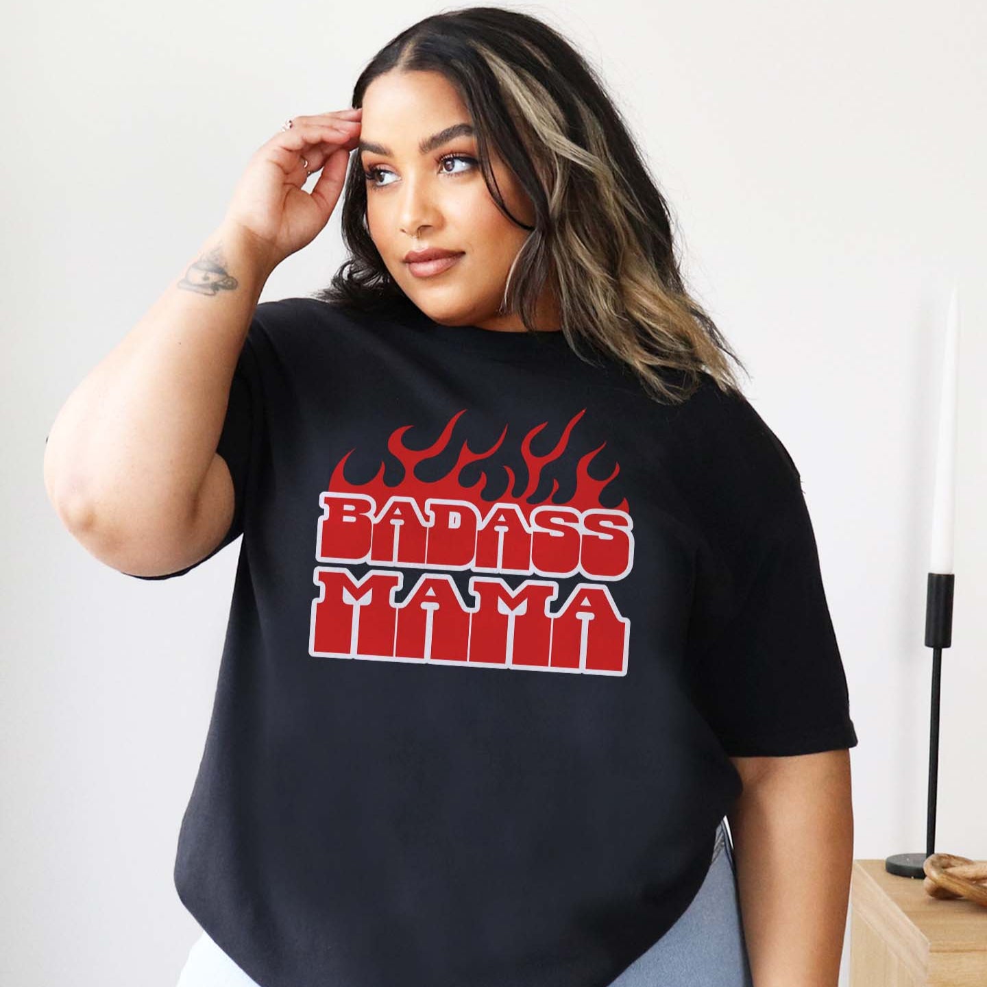 Comfort Colors black t-shirt with 'BADASS MAMA' in red text.