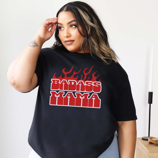 Comfort Colors black t-shirt with 'BADASS MAMA' in red text.