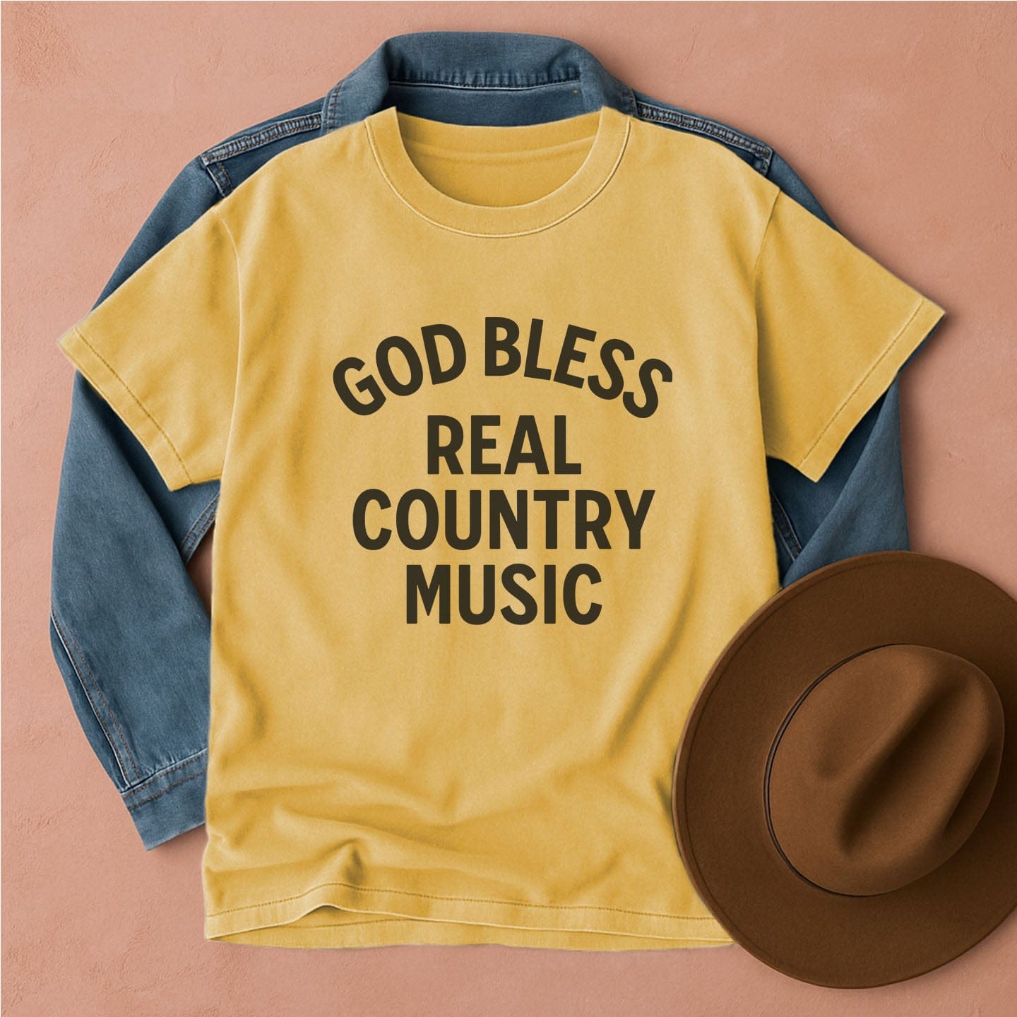 God Bless Real Country Music T-Shirt Mustard / S Western shirt