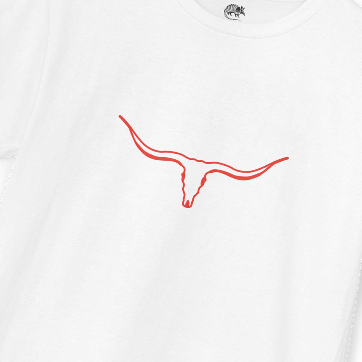 White t-shirt with red longhorn graphic on a white background