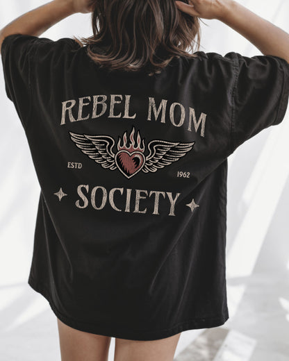 Black Comfort Colors t-shirt with 'Rebel Mom Society' design on the back