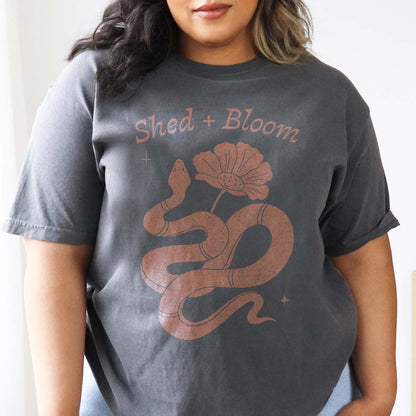 Comfort Colors Boho Western tee with 'Shed + Bloom' design featuring a snake and flower