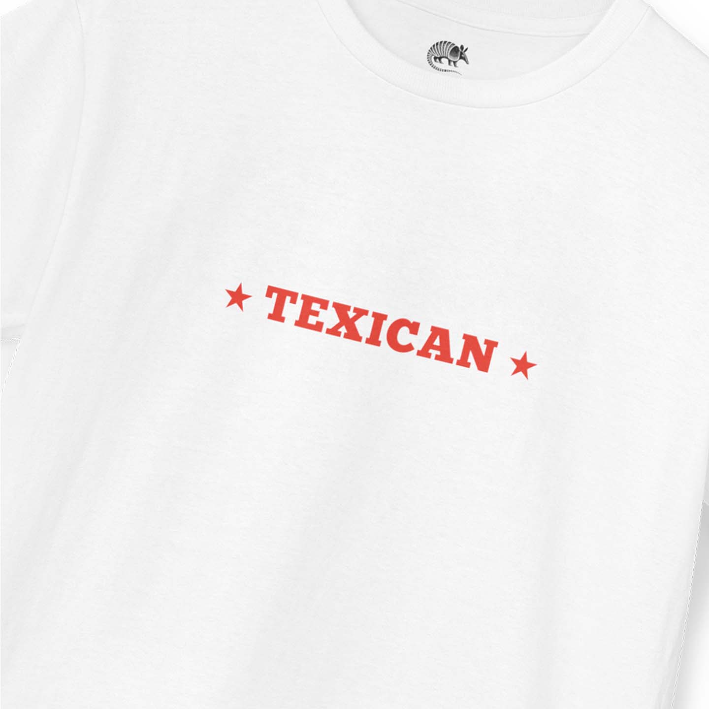 White t-shirt with red 'TEXICAN' text and star graphics on a white background