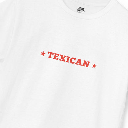 White t-shirt with red 'TEXICAN' text and star graphics on a white background