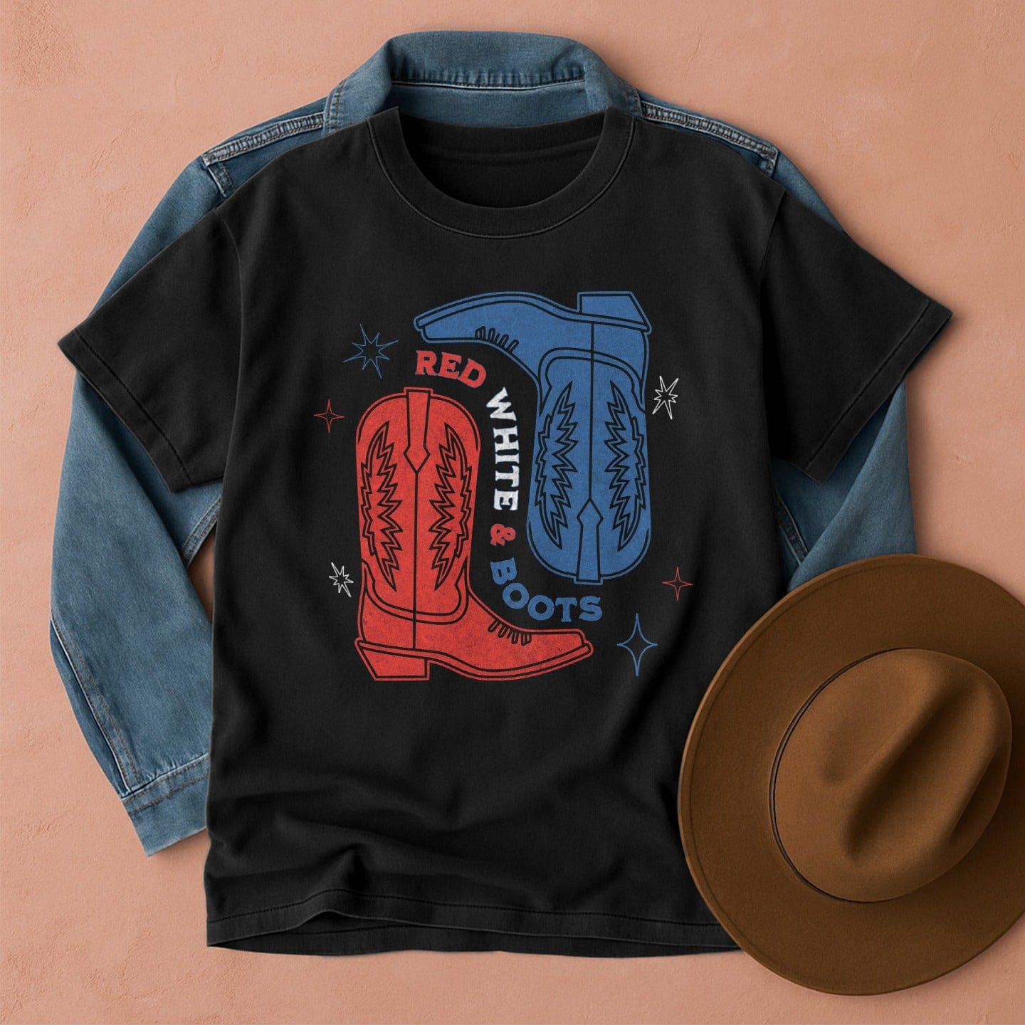 Red, White & Boots T-Shirt Black / S Western shirt