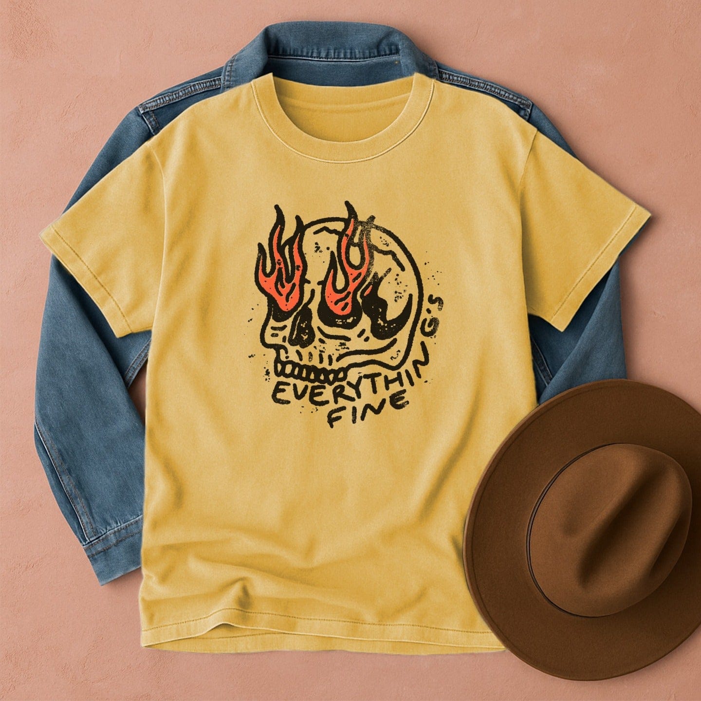 Everything's Fine Funny Skull T-Shirt Mustard / S Western shirt