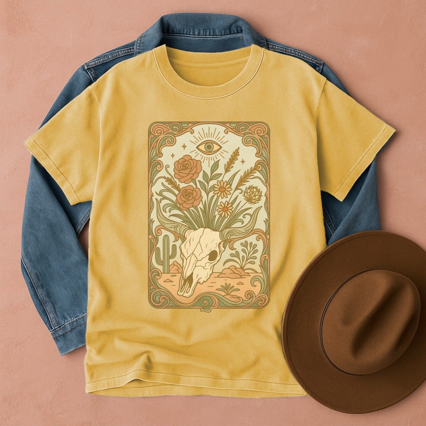 Cow Skull Art Nouveau T-Shirt Mustard / S Western shirt