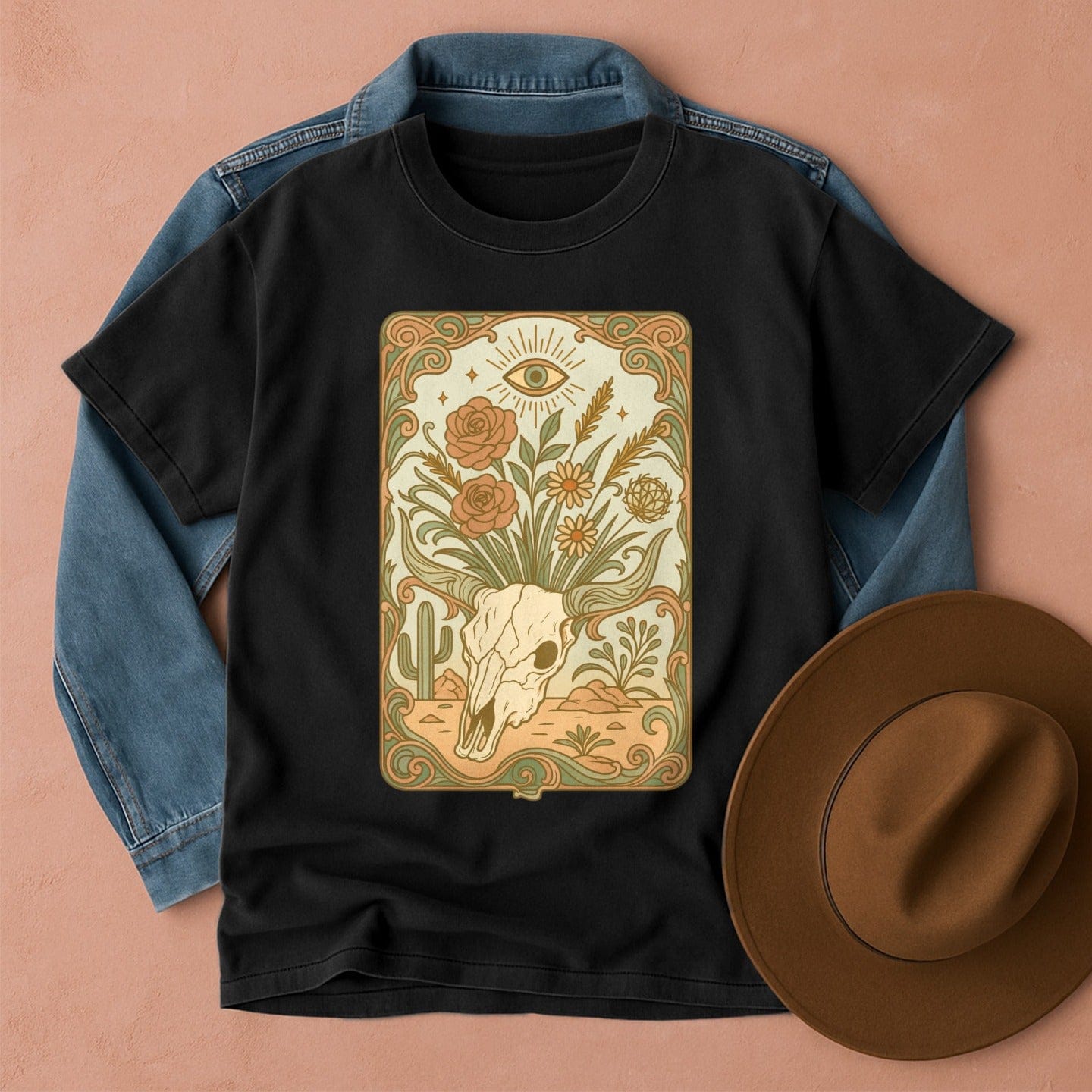 Cow Skull Art Nouveau T-Shirt Black / S Western shirt
